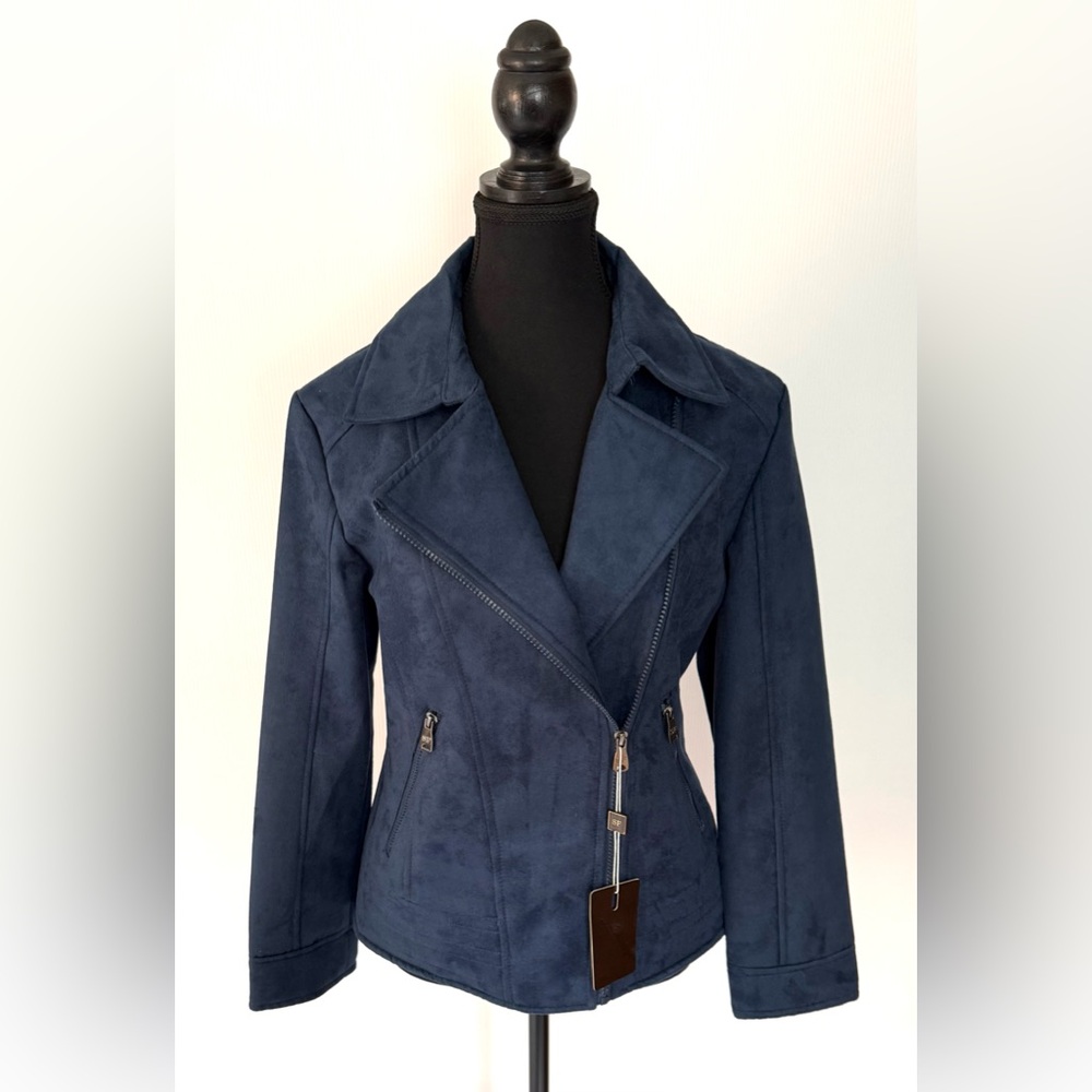 Women's Blue Faux Suede Moto Biker Jacket Size Small New with Tags